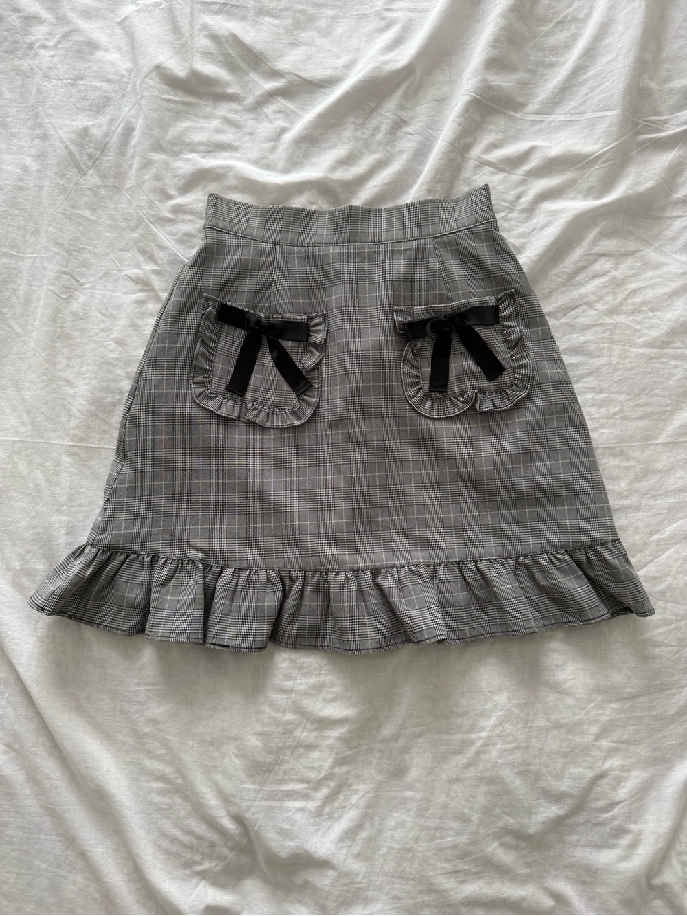 Gray Plaid Ruffle Hem Skirt with Pocket Bows